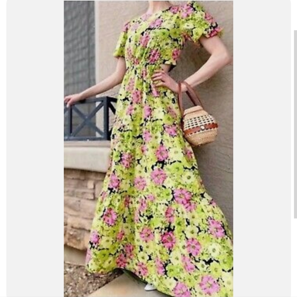 WAYF Puff Sleeves Green/Pink/Black Floral Cutout Sides Tiered Maxi Dress, small